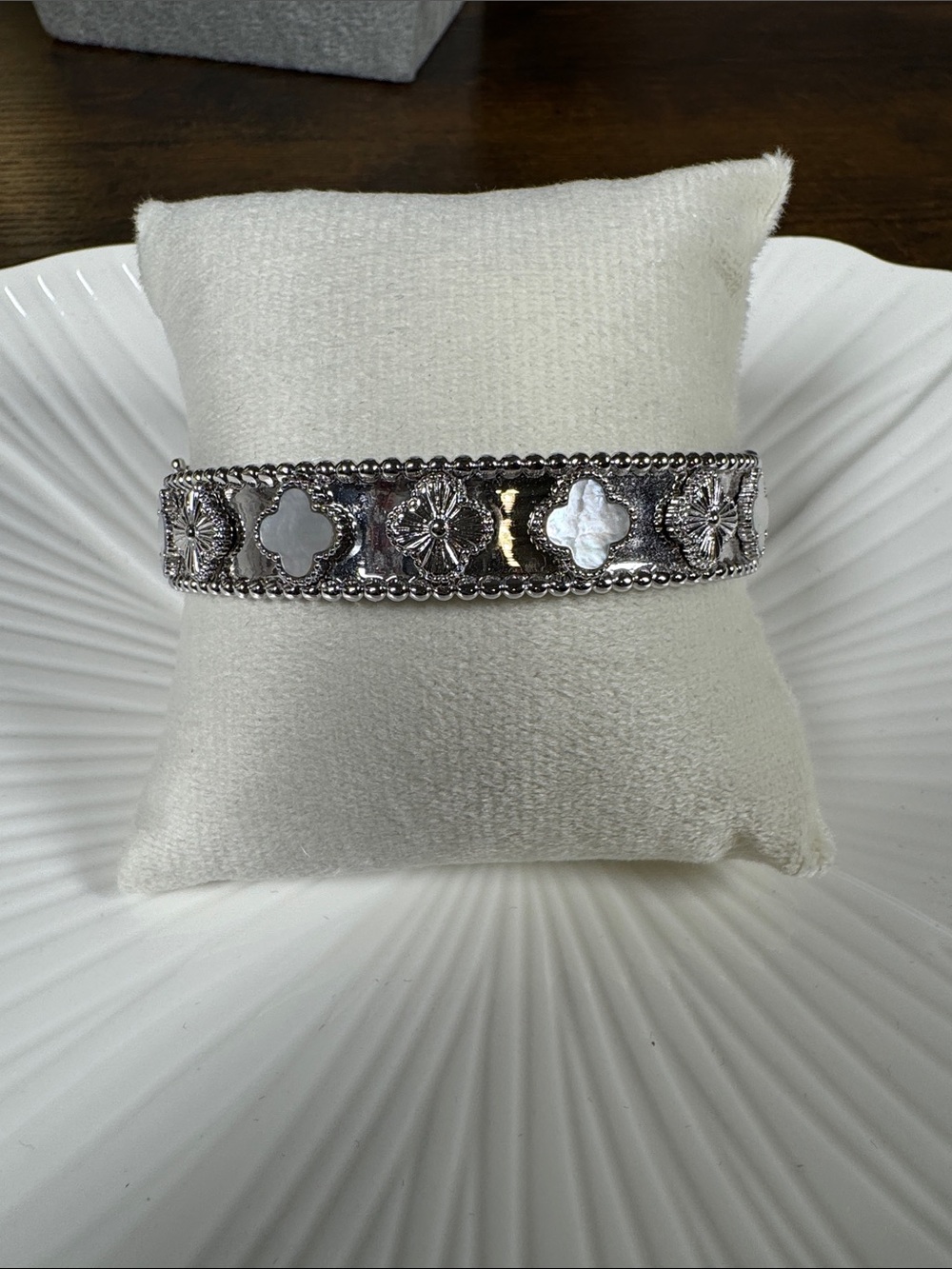 Stainless Steel Mother-of-Pearl Clover Cuff Bracelet